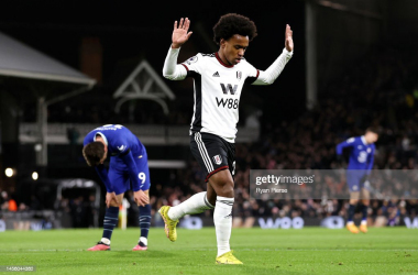 Willian celebrates scoring against former team Chelsea at Craven Cottage (Photo by Ryan Pierse/Getty Images)