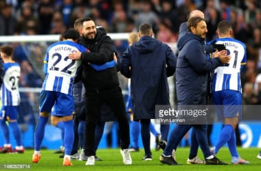 <div style="text-align: start;">Kaoru Mitoma celebrates with Brighton manager Roberto De Zerbi after their 2-1 win over Liverpool in the FA Cup (Photo by Bryn Lennon/GETTY Images)</div>