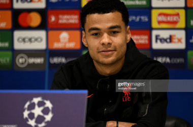 Cody Gakpo faces the media ahead of Liverpool's clash with Real Madrid (Photo: Andrew Powell/Liverpool FC via GETTY Images)