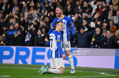 Solly March celebrates the games only goal with Alexis Mac Allister - Justin Setterfield