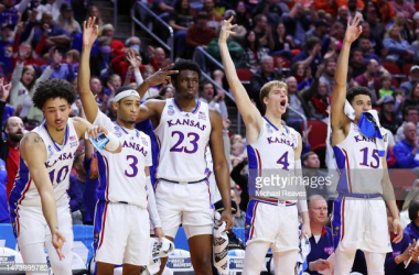 Kansas players celebrate their first-round victory in the NCAA Tournament/Photo: Michael Reaves/Getty Images