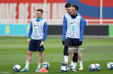 Kieran Trippier and Jack Grealish of England look on during a training session at St Georges Park on Tuesday morning ahead of England's tie against Italy. (Photo by Catherine Ivill/Getty Images)