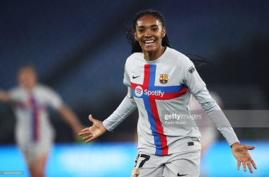 <span style="caret-color: rgb(0, 0, 0); color: rgb(0, 0, 0); font-family: -webkit-standard; font-size: medium; font-style: normal; text-align: start;">Salma Paralluelo of FC Barcelona celebrates after scoring the team's first goal during the UEFA Women's Champions League quarter-final 1st leg match between AS Roma and FC Barcelona at Stadio Tre Fontane on March 21, 2023 in Rome, Italy. (Photo by Paolo Bruno/Getty Images)</span>
