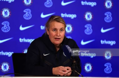 Emma Hayes at Press Conference for Manchester City game. &nbsp;<span style="font-style: normal; text-align: start; caret-color: rgb(8, 8, 8); color: rgb(8, 8, 8); font-family: Lato, sans-serif; font-size: 14px; background-color: rgb(255, 255, 255);">(Photo by Chris Lee - Chelsea FC/Chelsea FC via Getty Images)</span>