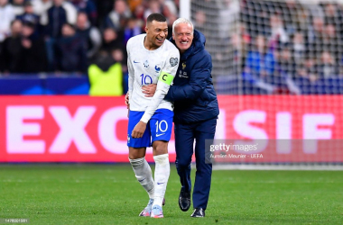 <span style="color: rgb(8, 8, 8); font-family: Lato, sans-serif; font-size: 14px; font-style: normal; text-align: start; background-color: rgb(255, 255, 255);">Didier Deschamps, Head Coach of France embraces Kylian Mbappe of France after the team's victory in the UEFA EURO 2024 qualifying round group B match between France and Netherlands at Stade de France on March 24, 2023 in Paris, France. (Photo by Aurelien Meunier - UEFA/UEFA via Getty Images)</span>
