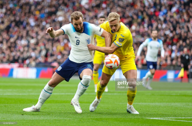 Harry Kane of England and Oleksandr Svatok of Ukraine tussle during the UEFA EURO 2024 qualifying round group C match between England and Ukraine at Wembley Arena. &nbsp;(Photo by Robin Jones/Getty Images)