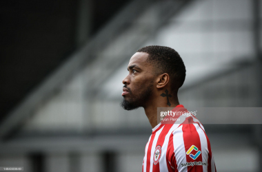 Ivan Toney walks out at the Gtech Community Stadium ahead of Brentford's fixture against Aston Villa in April. Photo by Ryan Pierse/Getty Images.&nbsp;
