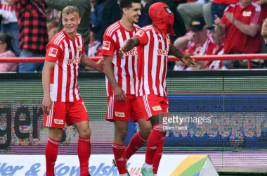 BERLIN, GERMANY - MAY 13: Sheraldo Becker of 1.FC Union Berlin celebrates after scoring the team's second goal during the Bundesliga match between 1. FC Union Berlin and Sport-Club Freiburg at Stadion an der alten Försterei on May 13, 2023 in Berlin, Germany. (Photo by Oliver Hardt/Getty Images)