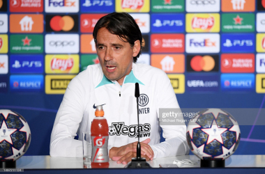 Simone Inzaghi speaking to the media on Friday afternoon. (Photo by Michael Regan - UEFA/UEFA via Getty Images)