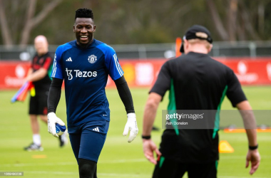 Andre Onana appearing to enjoy himself during a training session at Qualcomm Stadium on July 25, 2023 in San Diego, California (Photo by Ash Donelon/Manchester United via Getty Images)