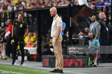 LAS VEGAS, NEVADA - JULY 30: Erik ten Hag of Manchester United looks on during the pre-season friendly match between Manchester United and Borussia Dortmund at Allegiant Stadium on July 30, 2023 in Las Vegas, Nevada (Photo by Candice Ward/Getty Images)