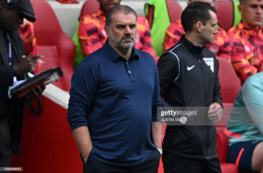 Tottenham Hotspur manager Ange Postecoglou during his sides 2-2 draw with Brentford (Photo by JUSTIN TALLIS/AFP via Getty Images)