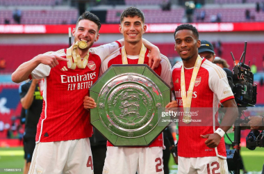 A trio of Arsenal's new signings celebrate with the Community Shield (Photo by James Gill - Danehouse/Getty Images)