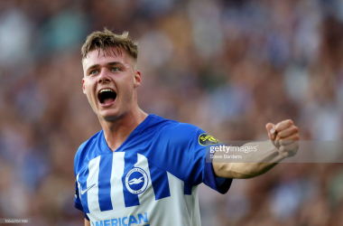Evan Ferguson celebrates his first Premier League hat-trick against Newcastle, which took him to 10 goals from 24 league starts for Brighton (Photo by Steve Bardens/Getty Images)