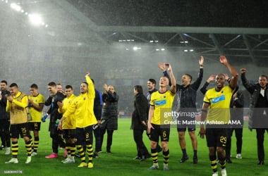 Players of AEK Athens celebrate their win at full time during the UEFA Europa League Group B match between Brighton & Hove Albion and AEK Athens at American Express Community Stadium on September 21, 2023 in Brighton, England. (Photo by Matthew Ashton - AMA/Getty Images)<br>