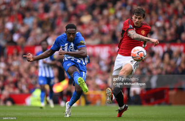 Danny Welbeck fires a shot past Victor Lindelof in Brighton's 3-1 win at Old Trafford. (Photo by Michael Regan/Getty Images)