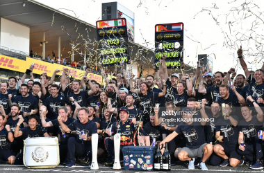 Red Bull celebrate winning their second consecutive Constructor's Championship.&nbsp;(Photo by Kazuhiro NOGI / AFP) (Photo by KAZUHIRO NOGI/AFP via Getty Images)