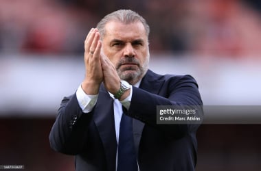 <div>LONDON, ENGLAND - SEPTEMBER 24: Tottenham Hotspur Head Coach Ange Postecoglou applauds after the Premier League match between Arsenal FC and Tottenham Hotspur at Emirates Stadium on September 24, 2023 in London, England. (Photo by Marc Atkins/Getty Images)</div>