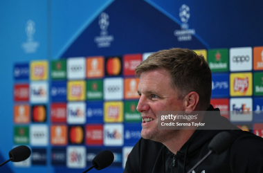 <div>MILAN, ITALY - SEPTEMBER 18: Newcastle United Head Coach Eddie Howe speaks to media during the UEFA Champions League Press Conference at Stadio Giuseppe Meazza on September 18, 2023 in Milan, Italy. (Photo by Serena Taylor/Newcastle United via Getty Images)</div><div><br></div>
