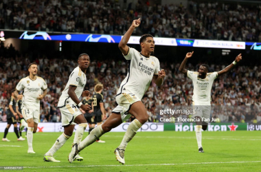 Jude Bellingham celebrates last minute winner in Real Madrid's 1-0 win against Union Berlin.&nbsp;<span style="color: rgb(8, 8, 8); font-family: Lato, sans-serif; font-size: 14px; font-style: normal; text-align: start; background-color: rgb(255, 255, 255);">(Photo by Florencia Tan Jun/Getty Images)</span>