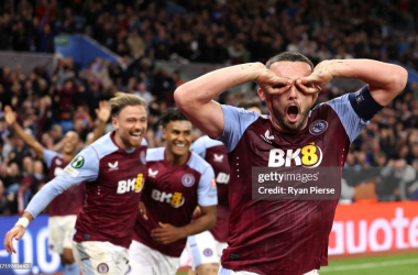 Aston Villa's John McGinn celebrates after scoring the winning goal against HŠK Zrinjski Mostar, in their last UEFA Europa Conference League fixture (Photo by Ryan Pierse/Getty Images)