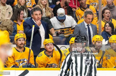 Andrew Brunette looks on behind the Nashville bench/Photo: John Russell/NHLI via Getty Images