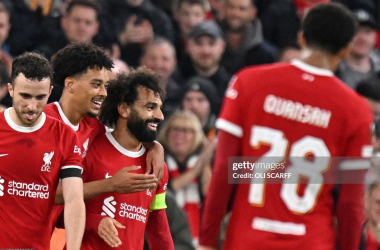 Liverpool players celebrate Salah's goal against Toulouse (Photo: Oli Scarff/AFP via GETTY Images)