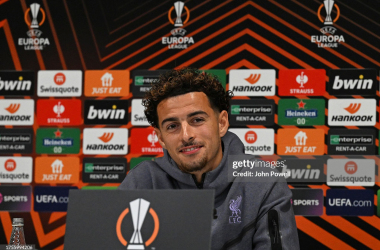 Curtis Jones speaking to the media ahead of Liverpool's Europa League match with Toulouse (Photo: John Powell/Liverpool FC via GETTY Images)