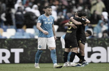 Decepción de los jugadores del Napoli tras el final del encuentro, mientras que felicidad en los futbolistas del Empoli. Foto: Getty Images