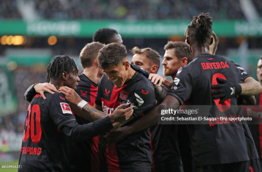 Bayer Leverkusen players celebrating in the Weserstadion. (Photo by Sebastian El-Saqqa/firo sportphoto/Getty Images)