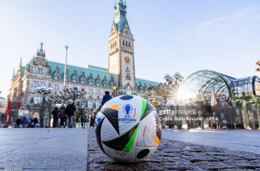 A general view of the Rathausmarkt, Hamburg, with the official UEFA Euro 2024 tournament ball (Photo: Boris Streubel - UEFA/UEFA via Getty Images)