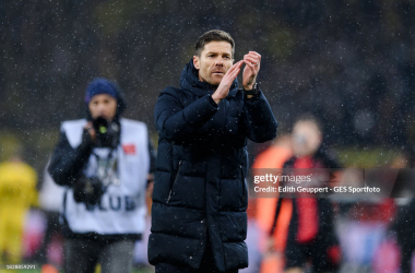Xabi Alonso applauds the Leverkusen fans in the BayArena. (Photo by Edith Geuppert/GES Sportfoto/Getty Images)