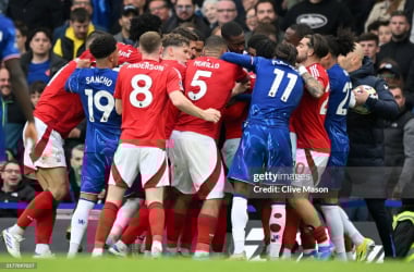 Neco Williams of Nottingham Forest clashes with Levi Colwill of Chelsea during the Premier League match between Chelsea FC and Nottingham Forest FC at Stamford Bridge on October 06, 2024 in London, England. (Photo by Clive Mason/Getty Images)