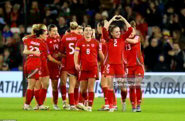 Lily Woodham celebrates with her teammates after scoring against Ireland in 2024 (Photo by Huw Fairclough/Getty Images)