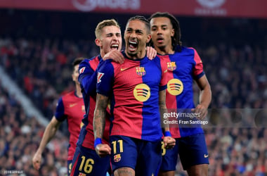 Raphinha from FC Barcelona celebrates his team's third goal (photo by Fran Santiago/Getty Images)