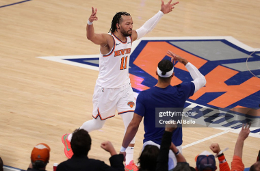 Indiana Pacers v New York Knicks - Game FiveNEW YORK, NEW YORK - MAY 29: Jalen Brunson #11 of the New York Knicks reacts with Josh Hart #3 of the New York Knicks after hitting a three point shot in the second quarter against the Indiana Pacers during Game 5 of the Eastern Conference Finals at Madison Square Garden on May 29, 2025 in New York City. User expressly acknowledges and agrees that, by downloading and or using this photograph, User is consenting to the terms and conditions of the Getty Images License Agreement. (Photo by Al Bello/Getty Images)