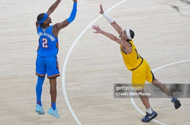 2025 NBA Finals - Indiana Pacers v Oklahoma City ThunderOKLAHOMA CITY, OK - JUNE 8: Shai Gilgeous-Alexander #2 of the Oklahoma City Thunder shoots a three point basket during the game against the Indiana Pacers during Game Two of the 2025 NBA Finals on JUNE 8, 2025 at Paycom Center in Oklahoma City, Oklahoma. NOTE TO USER: User expressly acknowledges and agrees that, by downloading and or using this photograph, User is consenting to the terms and conditions of the Getty Images License Agreement. Mandatory Copyright Notice: Copyright 2025 NBAE (Photo by Morgan Givens/NBAE via Getty Images)