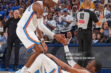2025 NBA Finals - Indiana Pacers v Oklahoma City ThunderOKLAHOMA CITY, OK - JUNE 16: Shai Gilgeous-Alexander #2 of the Oklahoma City Thunder helps up Jalen Williams #8 during the game against the Indiana Pacers during Game Five of the 2025 NBA Finals on June 16, 2025 at Paycom Center in Oklahoma City, Oklahoma. NOTE TO USER: User expressly acknowledges and agrees that, by downloading and or using this photograph, User is consenting to the terms and conditions of the Getty Images License Agreement. Mandatory Copyright Notice: Copyright 2025 NBAE (Photo by Jesse D. Garrabrant/NBAE via Getty Images)