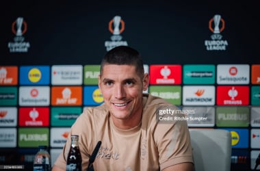 Nikola Milenkovic at his pre-match press conference in Spain before Real Betis Europa League test (Photo by Ritchie Sumpter/Nottingham Forest FC/Getty Images)