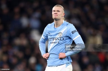 Erling Haaland against Bayer Leverkusen. (Photo by Stu Forster/Getty Images)