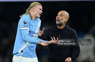 Pep Guardiola and Erling Haaland. (Photo by Shaun Botterill/Getty Images)