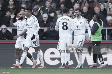 Casemiro, Mbeubo, Bruno Fernandes y Mount celebrando el dos a uno/ Fuente: Getty Images