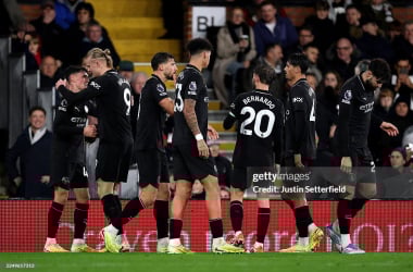 LONDON, ENGLAND - DECEMBER 02: Phil Foden of Manchester City celebrates scoring his team&#x27;s third goal with teammates during the Premier League match between Fulham and Manchester City at Craven Cottage on December 02, 2025 in London, England. (Photo by Justin Setterfield/Getty Images)