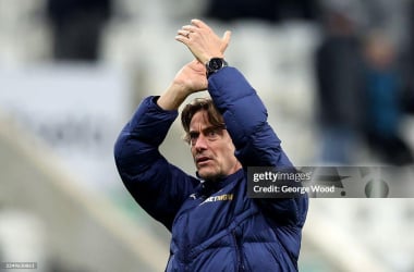 Thomas Frank applauds the Spurs faithful (Photo by George Wood via Getty Images)