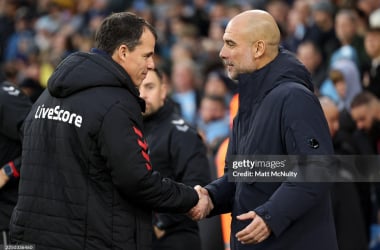 Regis Le Bris and PRegis Le Bris and Pep Guardiola. (Photo by Matt McNulty/Getty Images)ep Guardiola. (Photo by Matt McNulty/Getty Images)