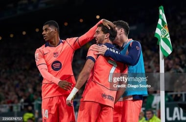 SEVILLE, SPAIN - DECEMBER 06: Ferran Torres of FC Barcelona celebrates his team second goal with teammates during the LaLiga EA Sports match between Real Betis Balompie and FC Barcelona at Estadio La Cartuja on December 06, 2025 in Seville, Spain. (Photo by Diego Souto/Getty Images)