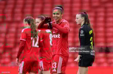 Chantelle Boye-Hlorkah celebrates scoring Nottingham Forest&#x27;s first goal against Sunderland (Photo by Harriet Massey - WSL/WSL Football/Getty Images)