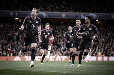 Foto de la celebración del gol de Harry Kane frente al Arsenal / Fuente: @FCBayernES
