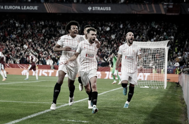 Los jugadores del Sevilla festejan el último gol del equipo en Europa League. Fuente: web Sevilla FC