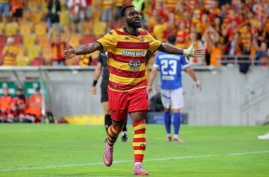 Afimico Pululu celebrando un gol | Fuente: Jagiellonia Bialystock (X)